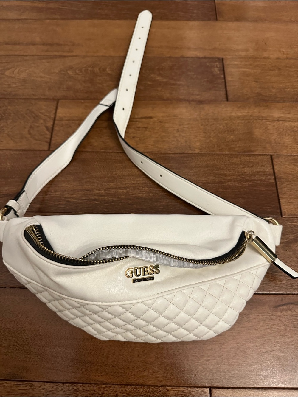 GUESS White Quilted Leather Crossbody Belt Bag with Gold Hardware